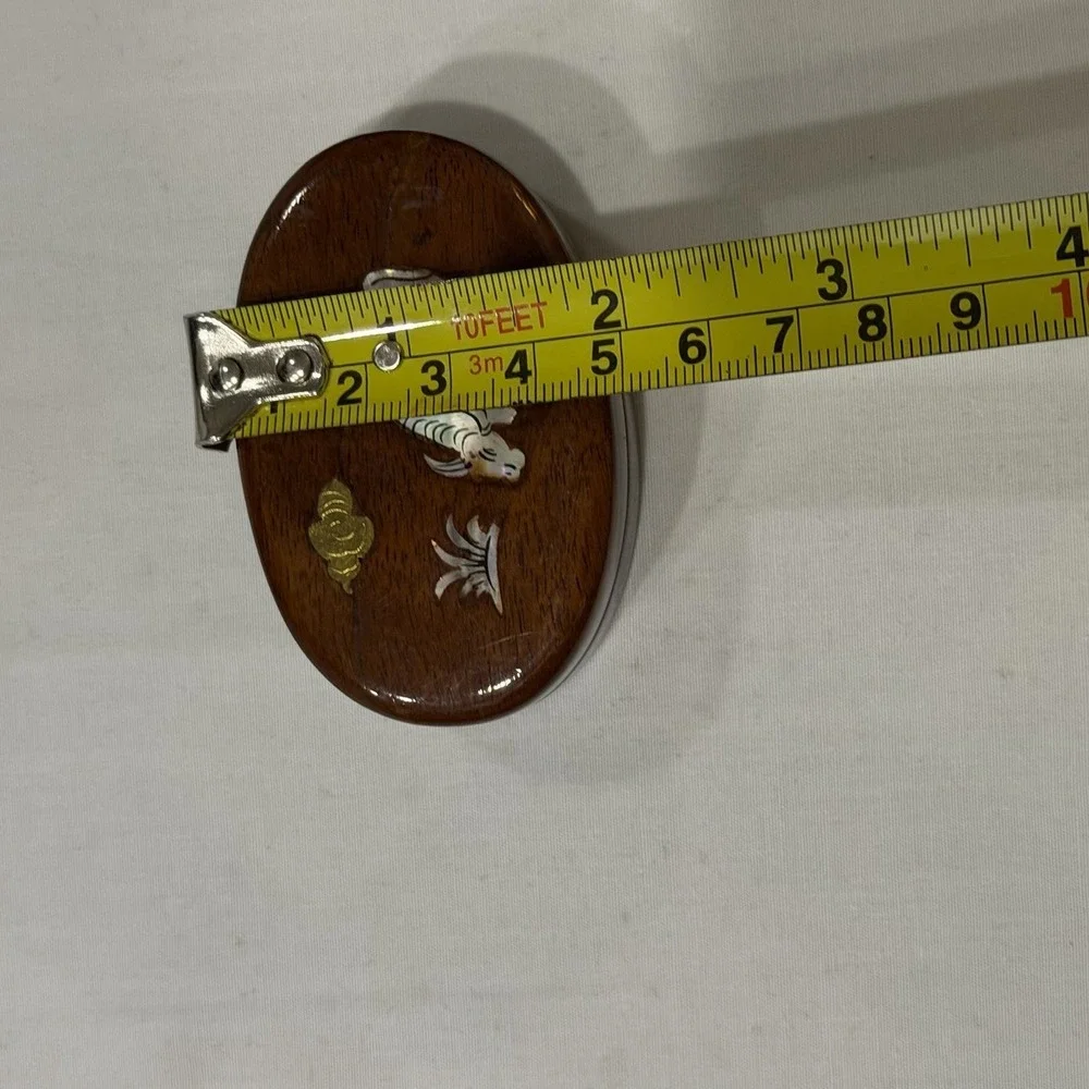 Vintage Wood Inlay Trinket Box Oval Red Velvet Interior Asian Ox Rider Small‎